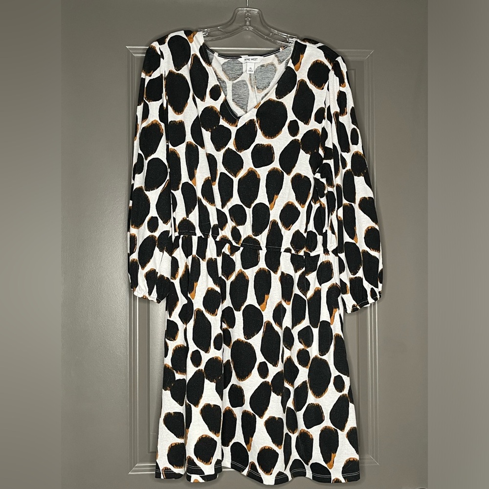 Nine West Leopard Princess Dress Long Sleeve V Neck Size XL